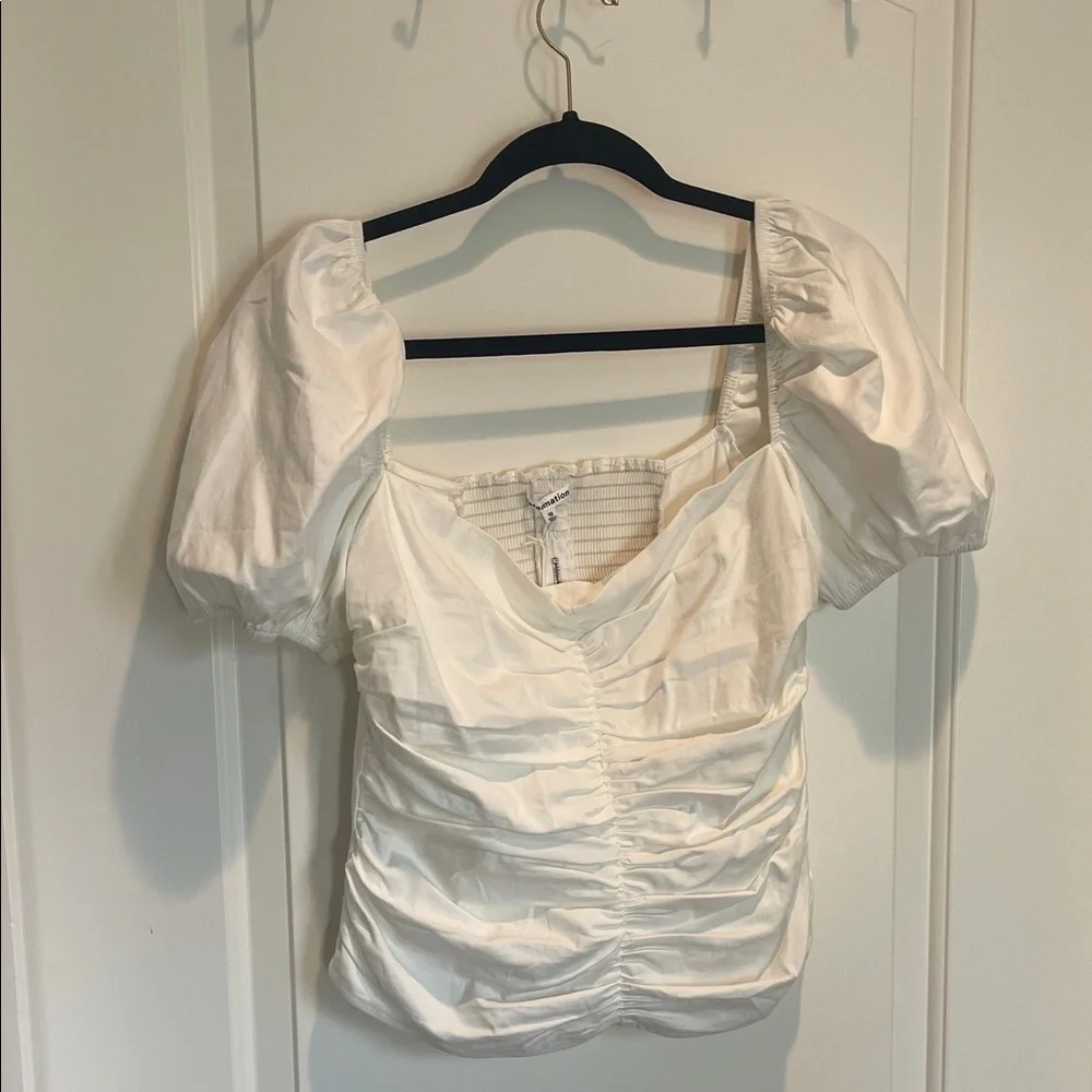 Reformation White Ruched Puff Sleeve Blouse